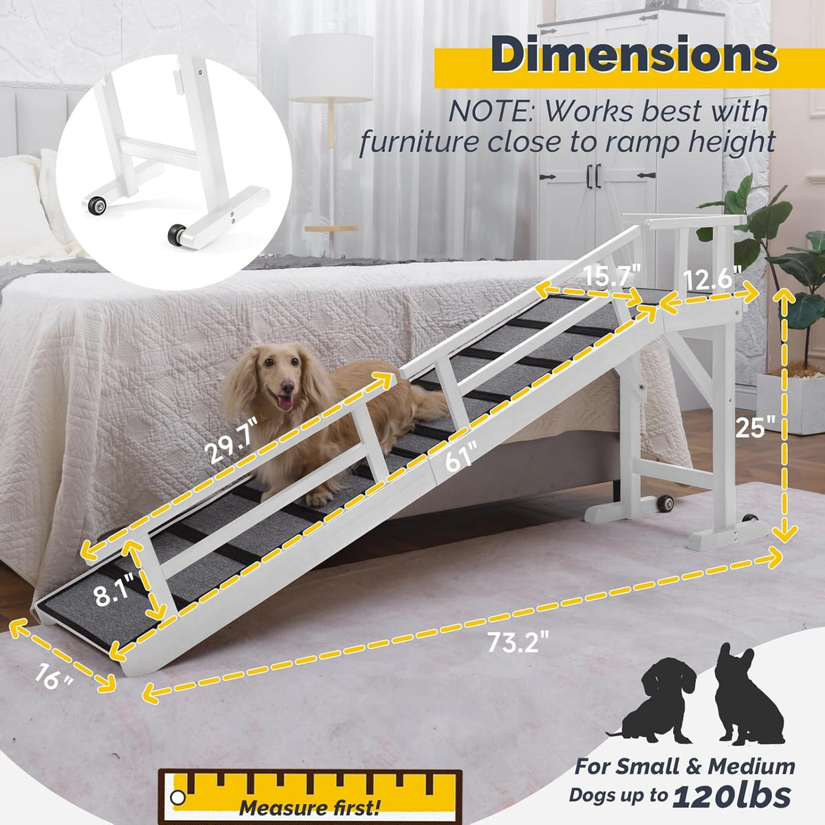 Dog Ramp for Bed or Couch, Wooden Pet Ramp with 20° Gentle Slope, Removable Side Rails, Non-Slip