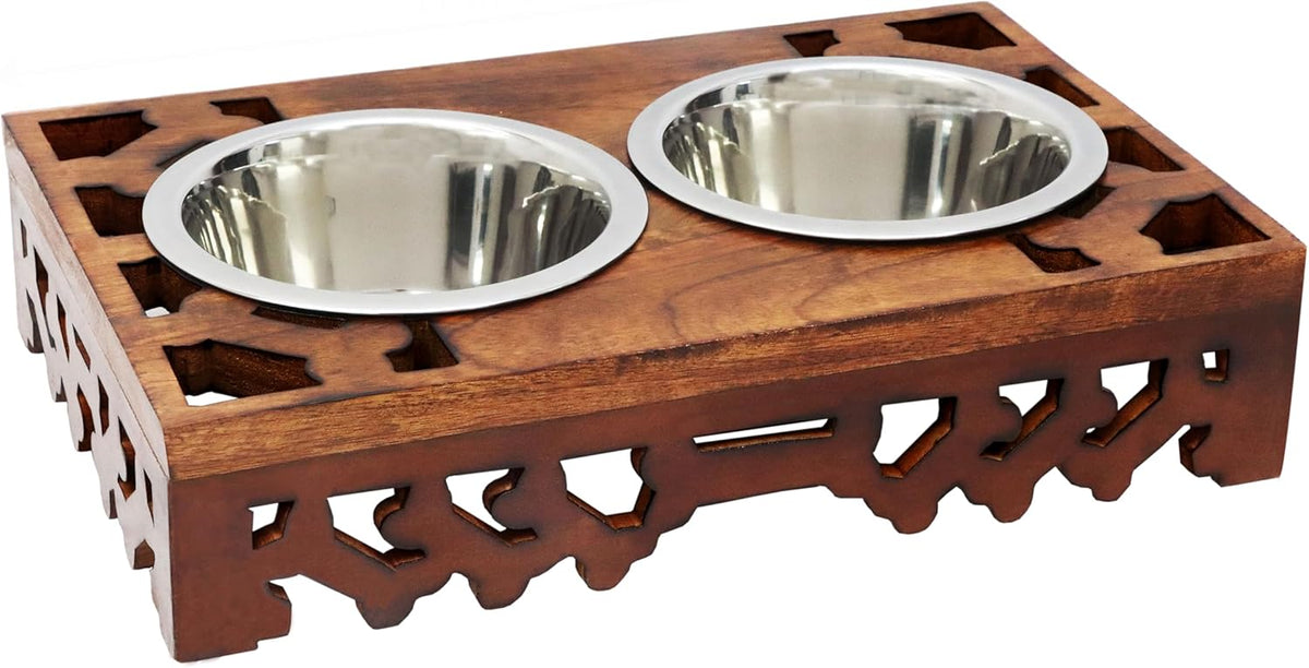 Elevated Pet Feeder for Dogs and Cats - Hand Carved Wood Bones Raised Dog Bowl Stand - Pet Feeding