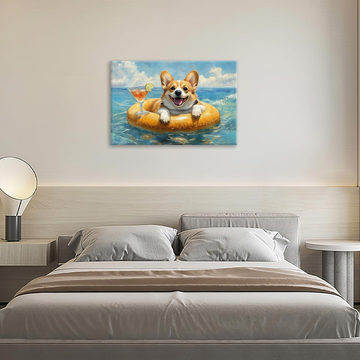 Ocean Funny Corgi Dog Pictures Wall Art, Bathroom Cute Dog Wall Decor Sea Coastal Framed Painting