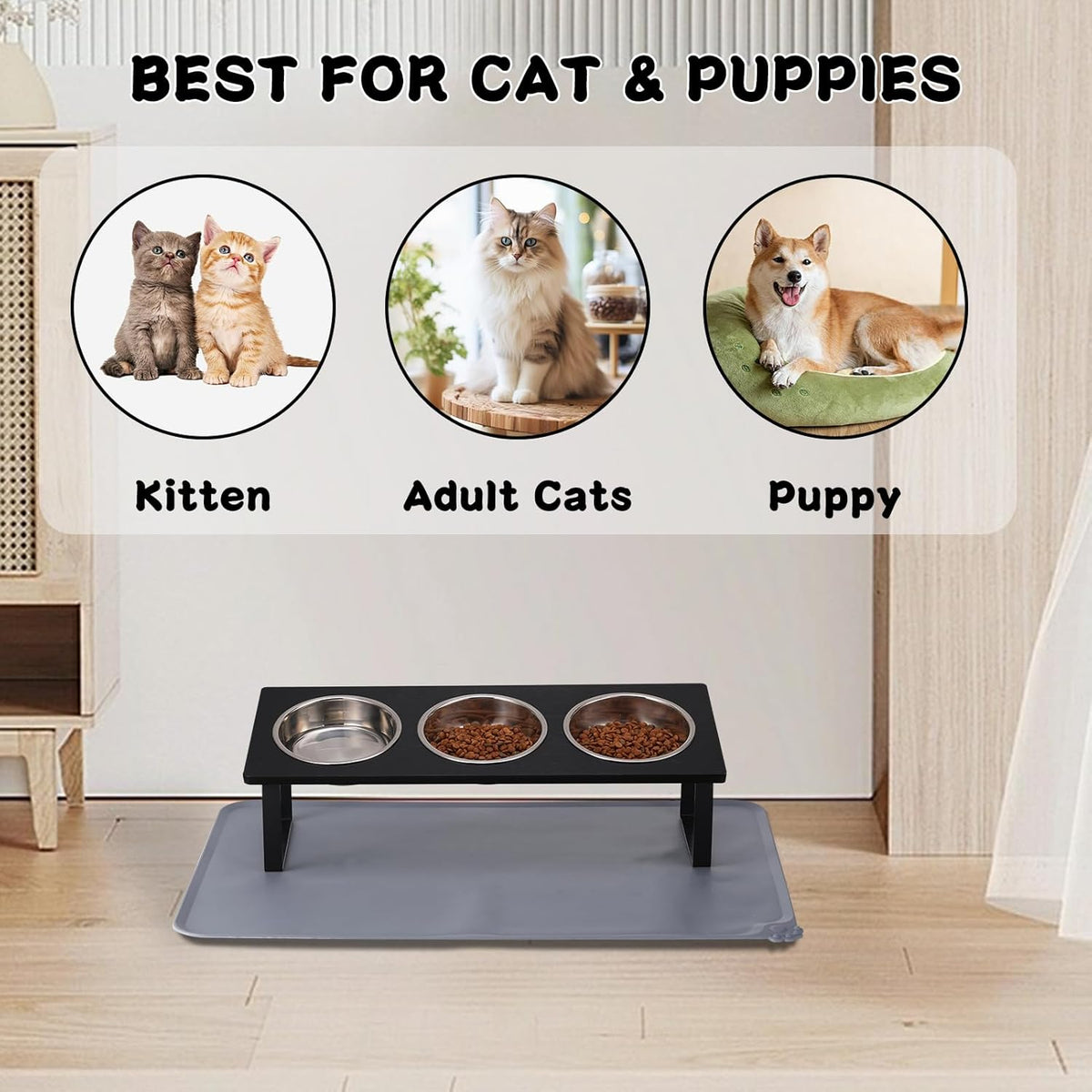 Upgraded Elevated Cat Bowls with Food Mat,15°Tilted Stand Anti Vomiting Raised Cat Dishes for Food