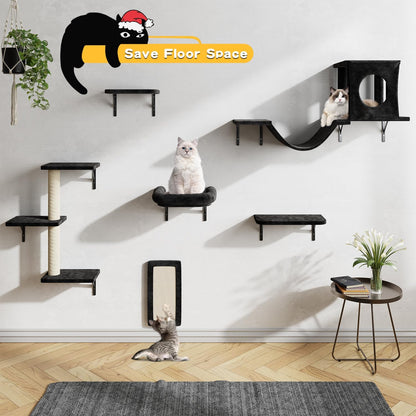 NUNU LAB Wall Mounted Cat Furniture, 6 Pcs Cat Wall Shelves with Condo House, Bridge, Steps