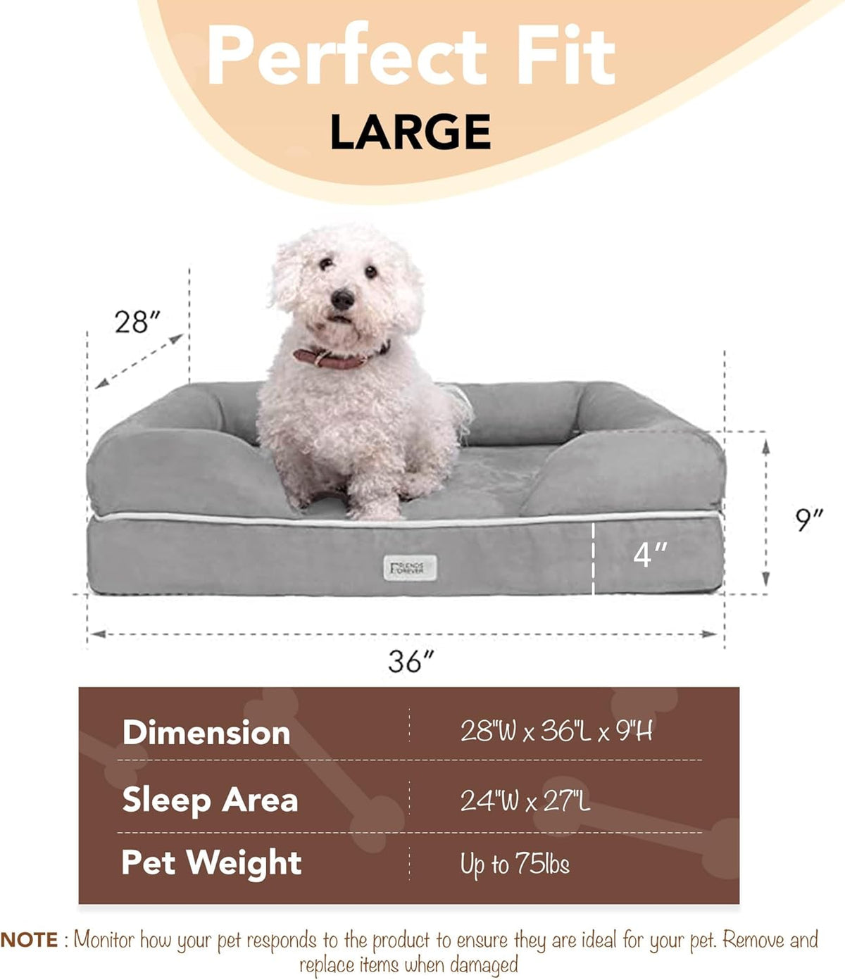 Friends Forever Large Dog Bed, Orthopedic Pet Sofa Memory Foam Mattress, Calming Dog Couch, Wall