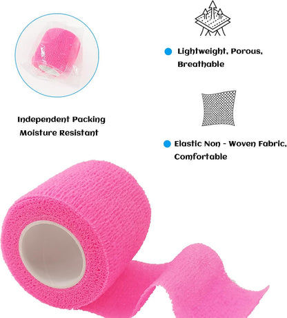 24 Rolls Pink Elastic Self Adhesive Bandage Wrap, Breathable Flexible Fabric Non Woven Cohesive