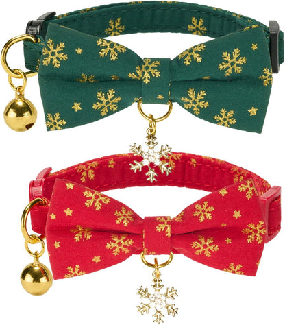 Christmas Cat Collar 2 Pack Cotton Bowtie Cat Collars Glittery Snowflakes Cute Kitten