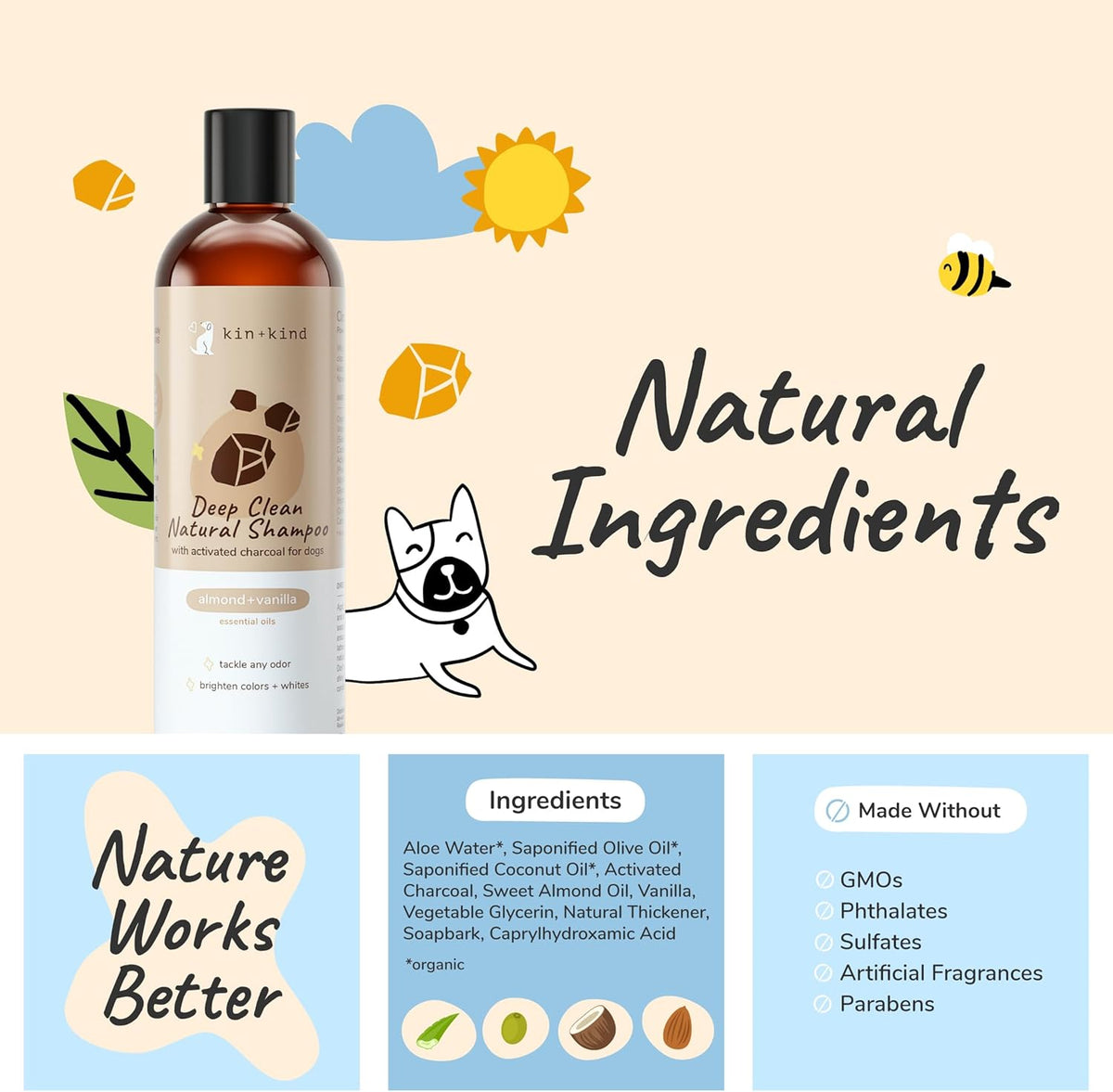kin+kind Dog Shampoo - Deep Clean, Dirt & Odor Remover w/Activated Charcoal for Dogs, Gentle