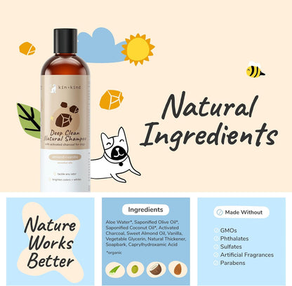 kin+kind Dog Shampoo - Deep Clean, Dirt & Odor Remover w/Activated Charcoal for Dogs, Gentle