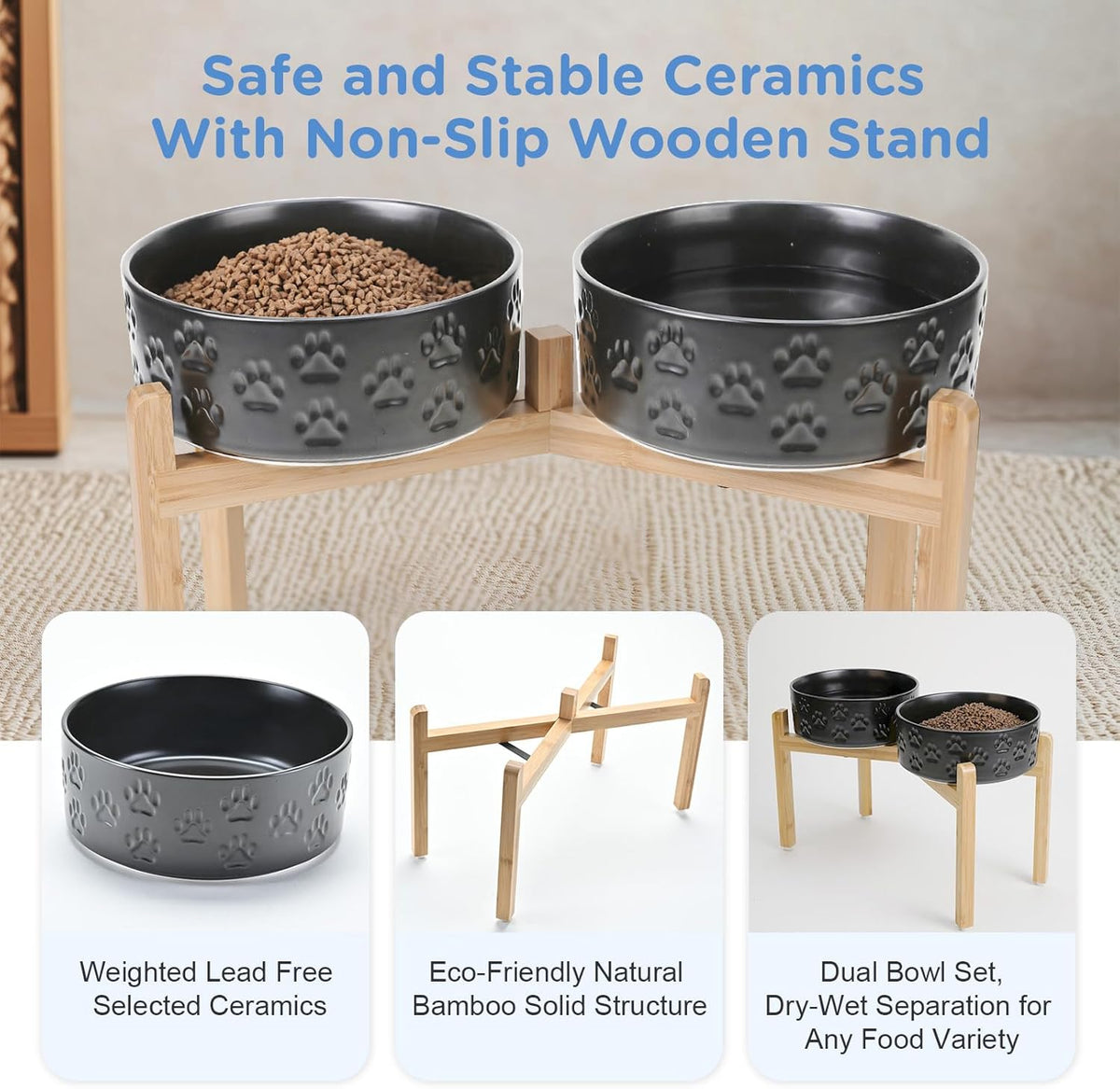 SPUNKYJUNKY Elevated Dog Bowls Ceramic, 8.3'' Dogs Food Water Bowls Raised with Non-Slip Bamboo