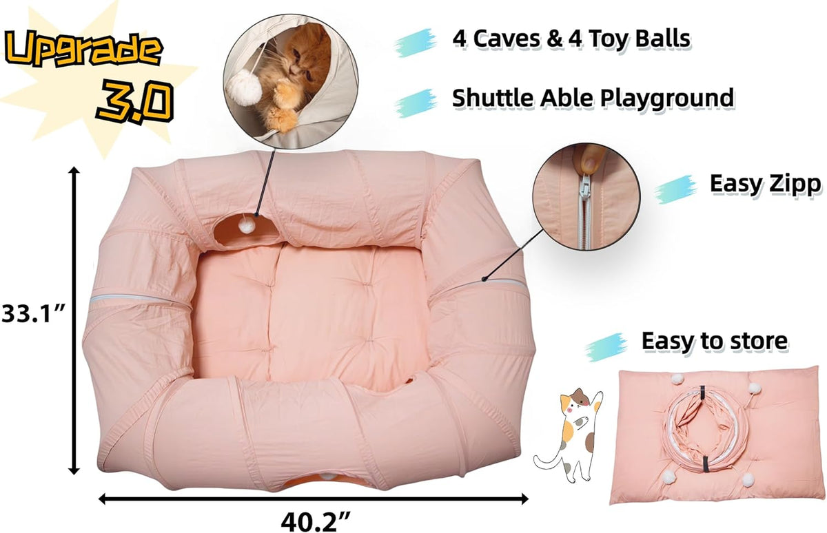XxingSheep 4 Ways Shuttled XL Cat Tunnel Bed for Indoor Cats Peekaboo Cat Cave Donut with Cool Mat