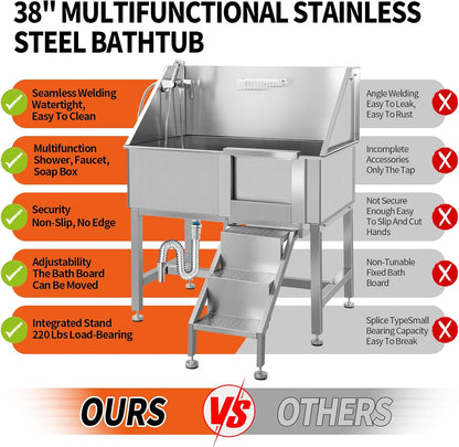 Dog Washing Station 38'' Stainless Steel Pet Grooming Tub for Large Dogs Over-Size Professional Dog