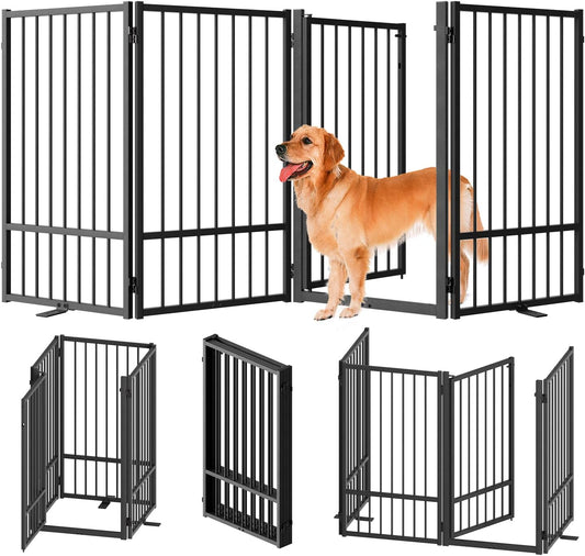 Full Metal Freestanding Dog Gate with Door, 36''Height Foldable Pet Dog Fence for Indoor & Outdoor
