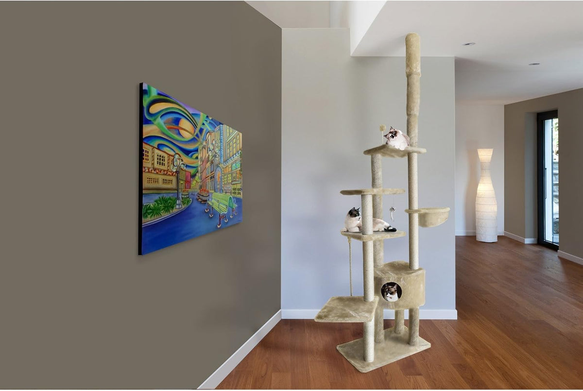 Furhaven 100"-113" Tall Cat Tree for Indoor Cats w/ Adjustable Height, Ft. Sisal Scratching Posts