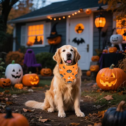 Halloween Dog Bandana for Large Dogs - Reversible Orange Jack-o-Lantern & Spiderweb Print Scarf