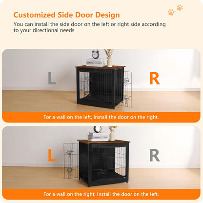 DWANTON Dog Crate Furniture with Cushion, Wooden Kennel Table with Double Doors, Indoor Dog House