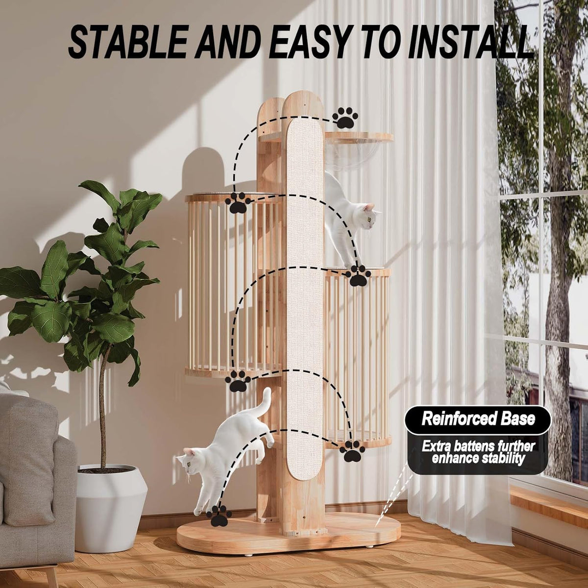 Modern Cat Tree Tower for Indoor Cats, 67" Tall Solid Wooden Cat Tower with Scratching Posts, 6