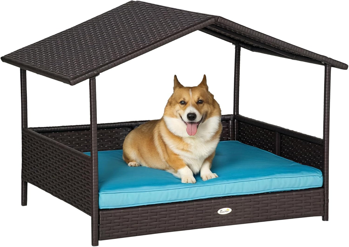 PawHut Wicker Dog House Outdoor with Canopy, Rattan Dog Bed with Water-Resistant Cushion, Raised