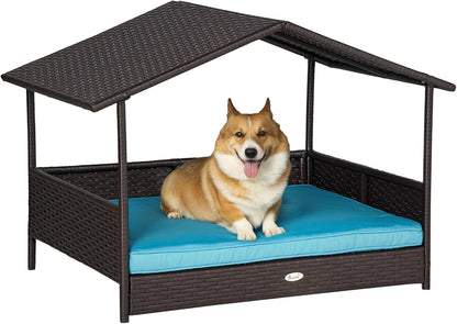 PawHut Wicker Dog House Outdoor with Canopy, Rattan Dog Bed with Water-Resistant Cushion, Raised