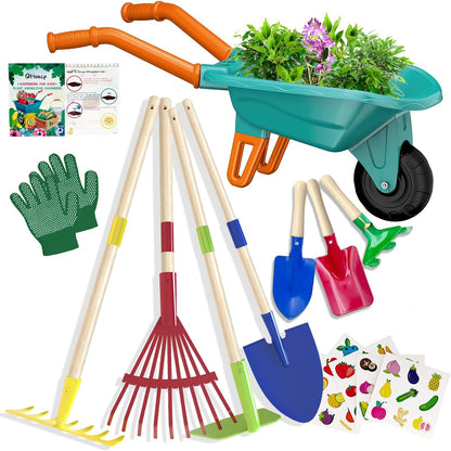 Kids Gardening Tools Outdoor Toys Set Backyard Play with Wheelbarrow Educational STEM Learning