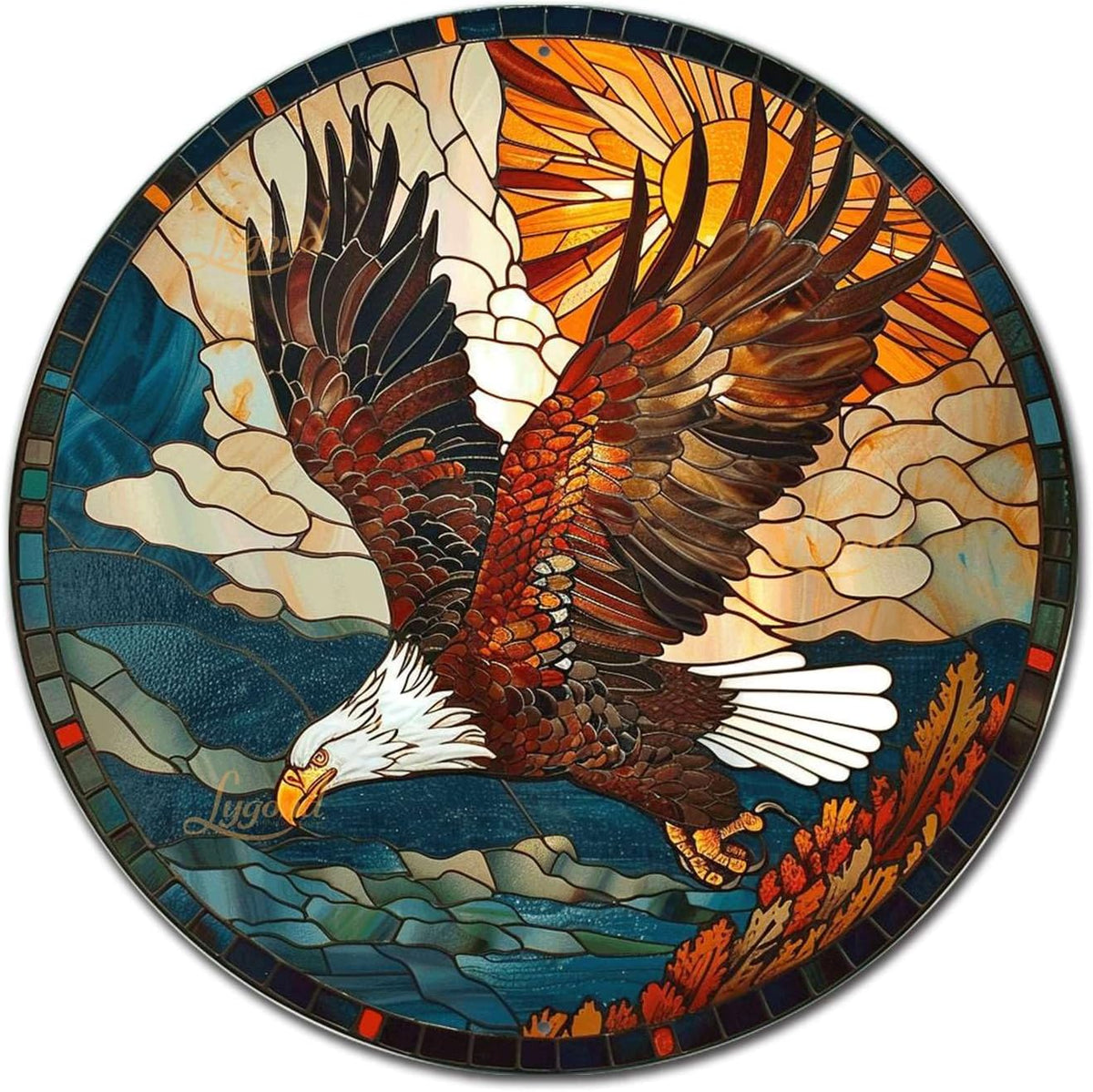 Lygond Metal Sign Tin Sign Circular Stained Glass American Bald Eagle Tin Signs for Garden for Gift