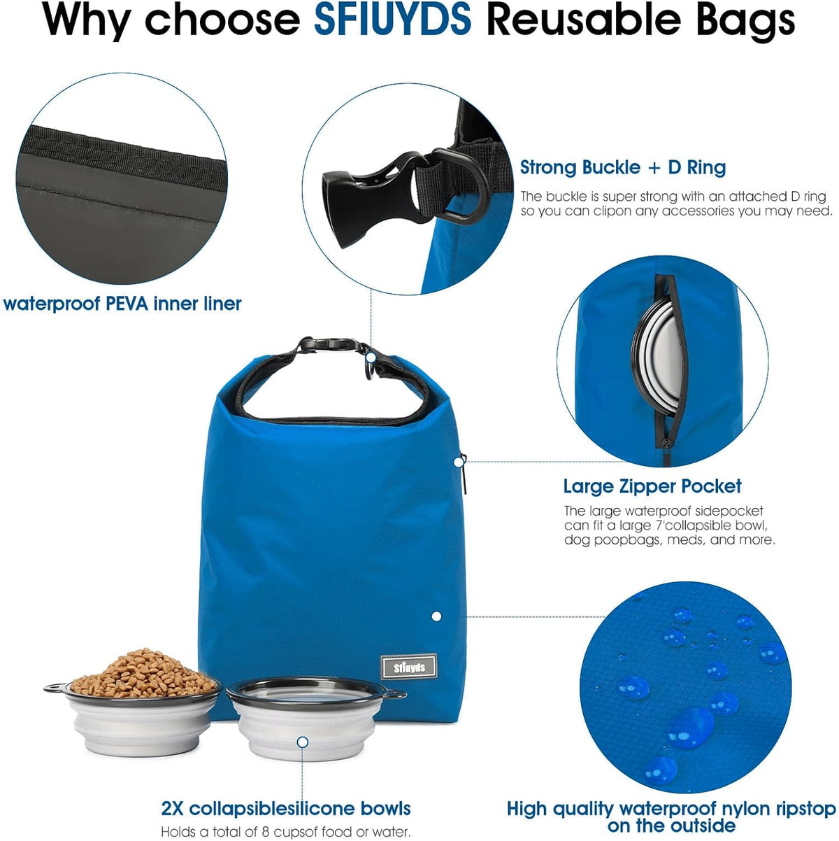 Pet Food Storage Bag,Dog Storage Organizer Bag w/2PCS Collapsible Dog Travel Bowls and Zipper