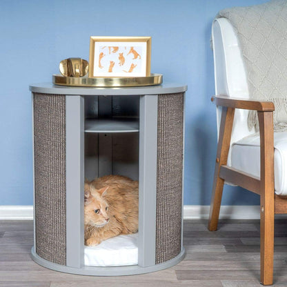 THE REFINED FELINE Purrrrfect End Table Cat Bed Cave in Smoke Gray, Multipurpose Wood Cat Furniture