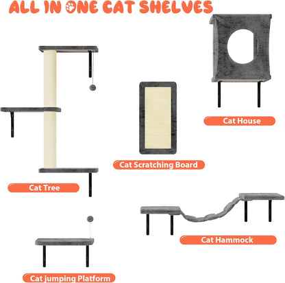 NUNU LAB Cat Wall Shelves Set, 5 Pcs Wall-Mounted Cat Climber with Cat House, Bridge, Scratching