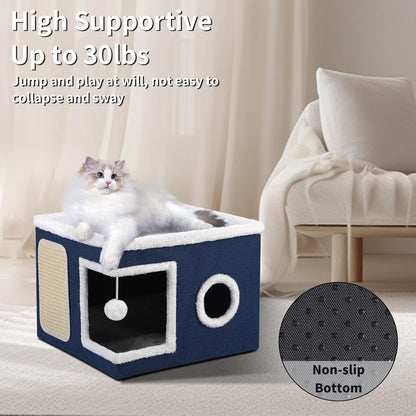 Cat House Bed for Indoor Cats, Large Cat Cave with Cozy Condo, Fluffy Hanging Ball, Scratch Pad