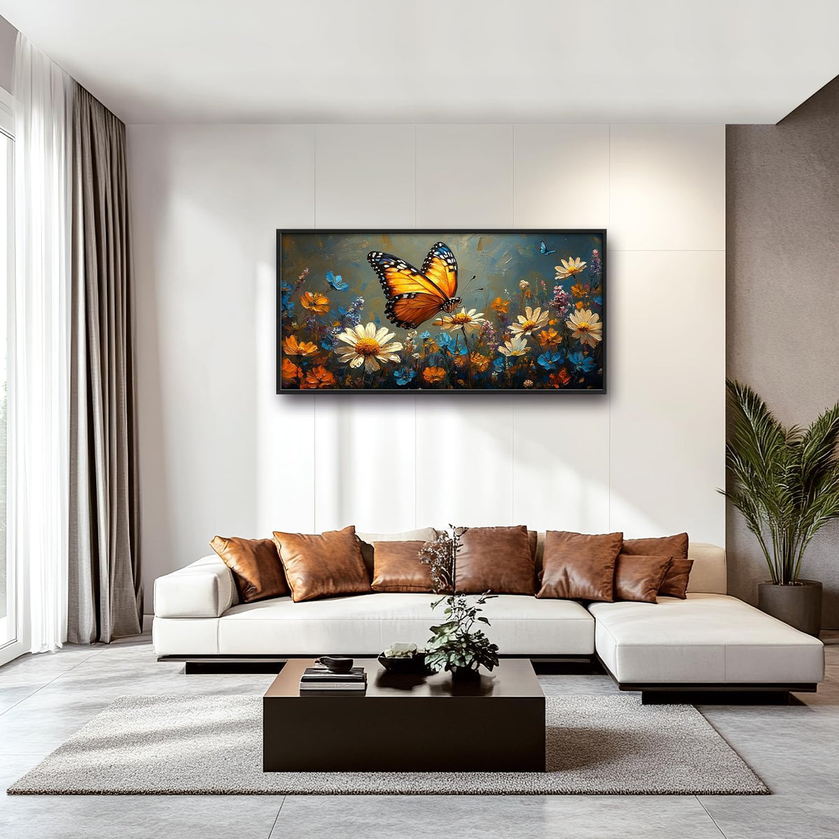 Large Butterfly Daisy Wall Art for Living Room, Floral Landscape Canvas Oversized Wall Decor