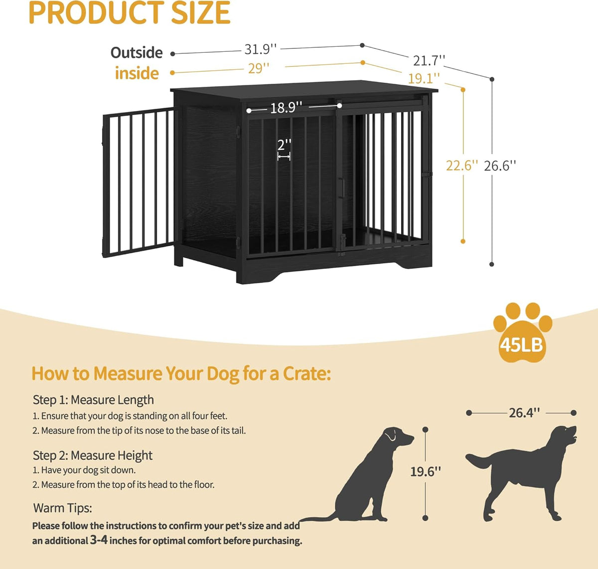 31.9" Dog Crate Furniture with Barn Door, Heavy Duty Dog Kennel Indoor with 2 Doors, Wooden Pet