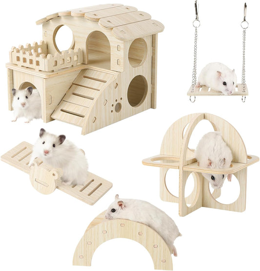 Wooden Hamster Toys 5-Piece Set - Natural Wood Hamster House, Swing, Climbing Ladder, Seesaw &