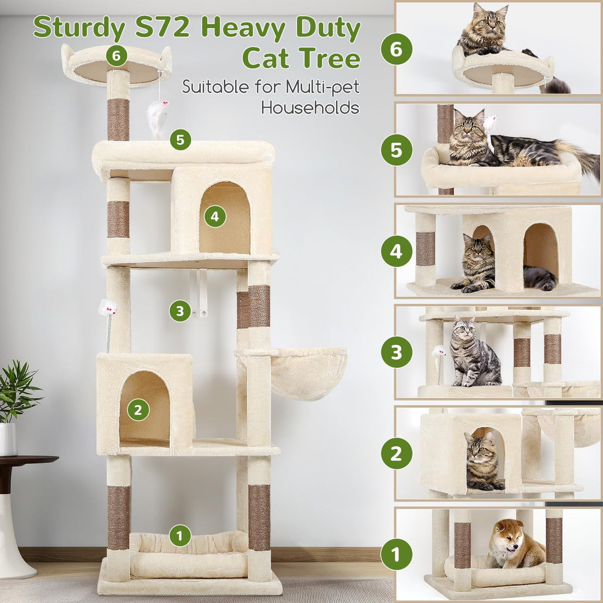 Globlazer Heavy Duty Cat Trees for Large Cats, Sturdy 72in Maine Coon Cat Tree for Large Cat 20