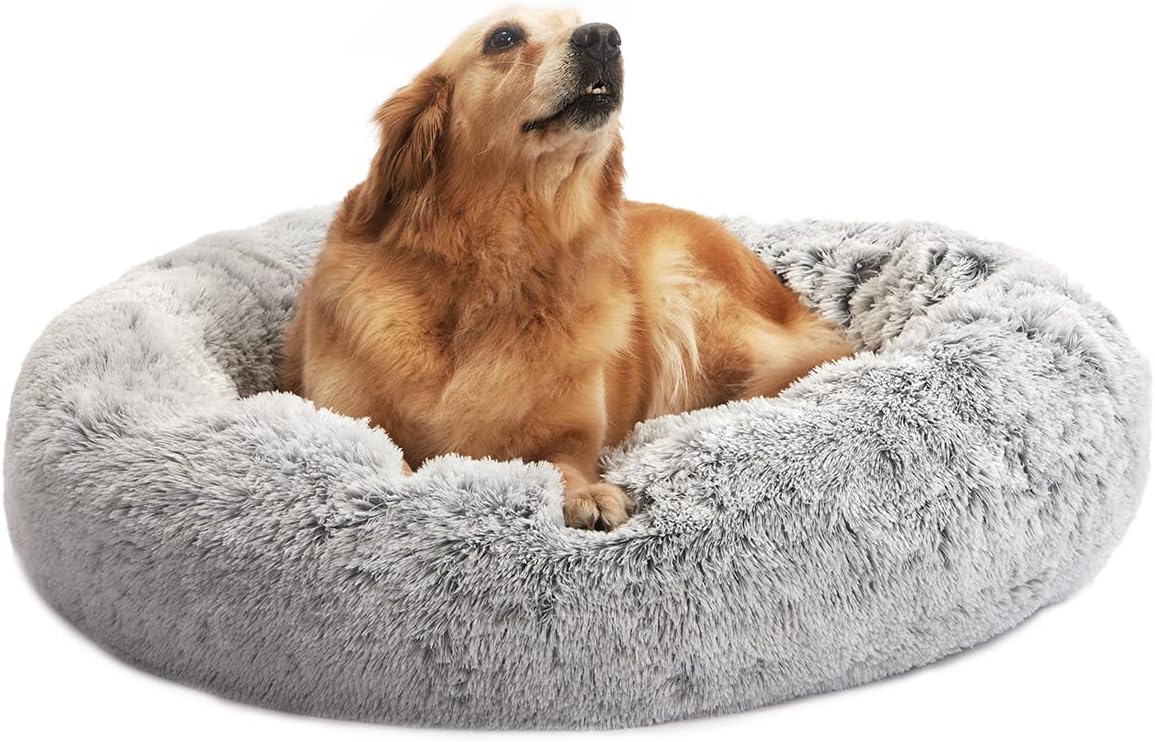 Bedfolks Calming Donut Dog Bed, 36 Inches Round Fluffy Dog Beds for Large Dogs, Anti-Anxiety Plush