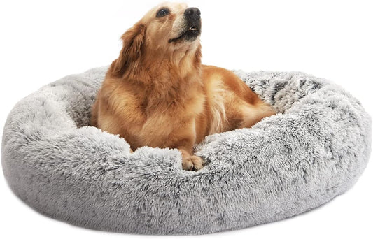Bedfolks Calming Donut Dog Bed, 36 Inches Round Fluffy Dog Beds for Large Dogs, Anti-Anxiety Plush