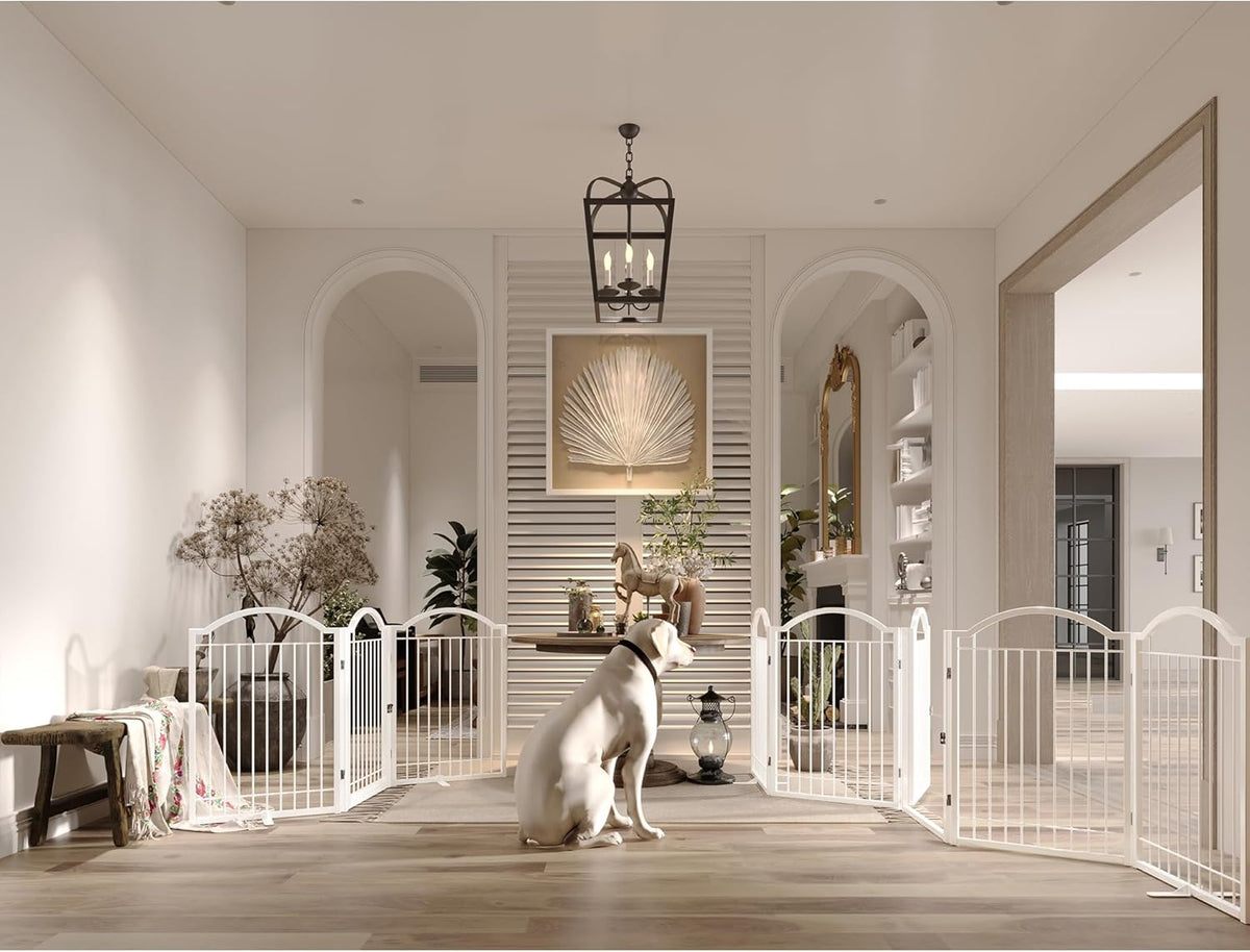 BHG Metal No-Assembly Freestanding Dog Gate with Door Walk Through, Extra Wide 120", Extra Tall 32"