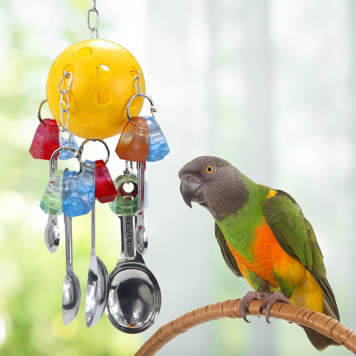Litewoo Bird Chew Toy with Metal Spoons Ball Chewing Toy Hanging Swing for Parrot Macaw Cage