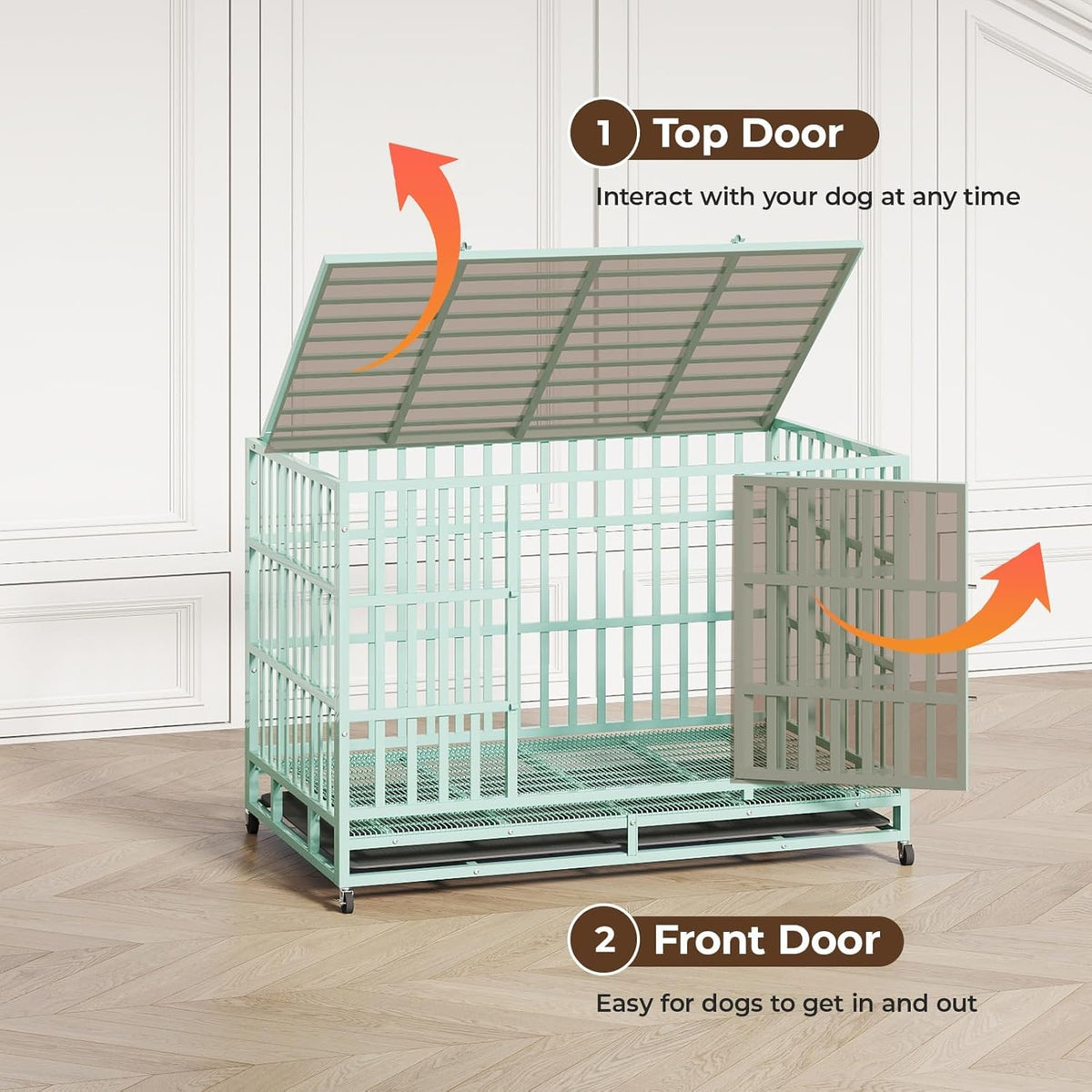 48IN Heavy Duty Dog Crate Steel Escape Proof, Indoor Double Door High Anxiety Cage Removable Tray