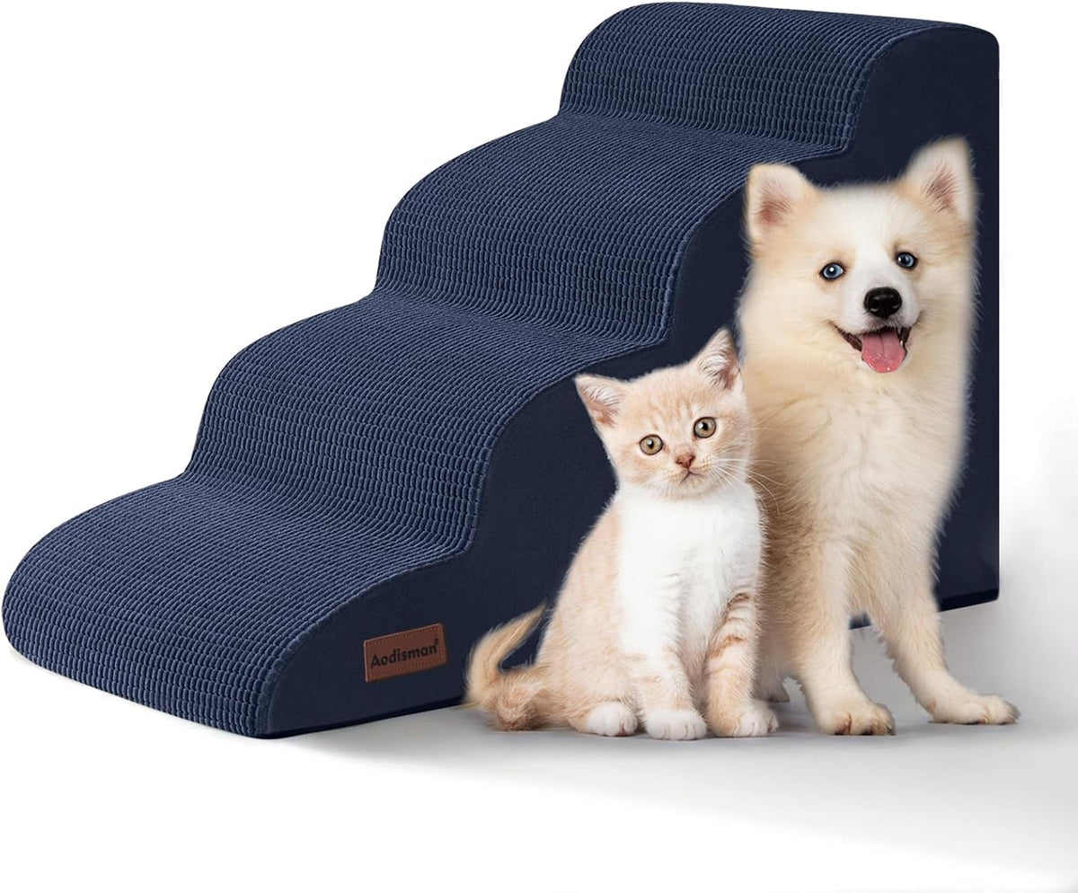 4-Step Dog Stairs and Ramp for Beds or Couches,Non-Slip Sturdy Pet Steps for Small Dogs and