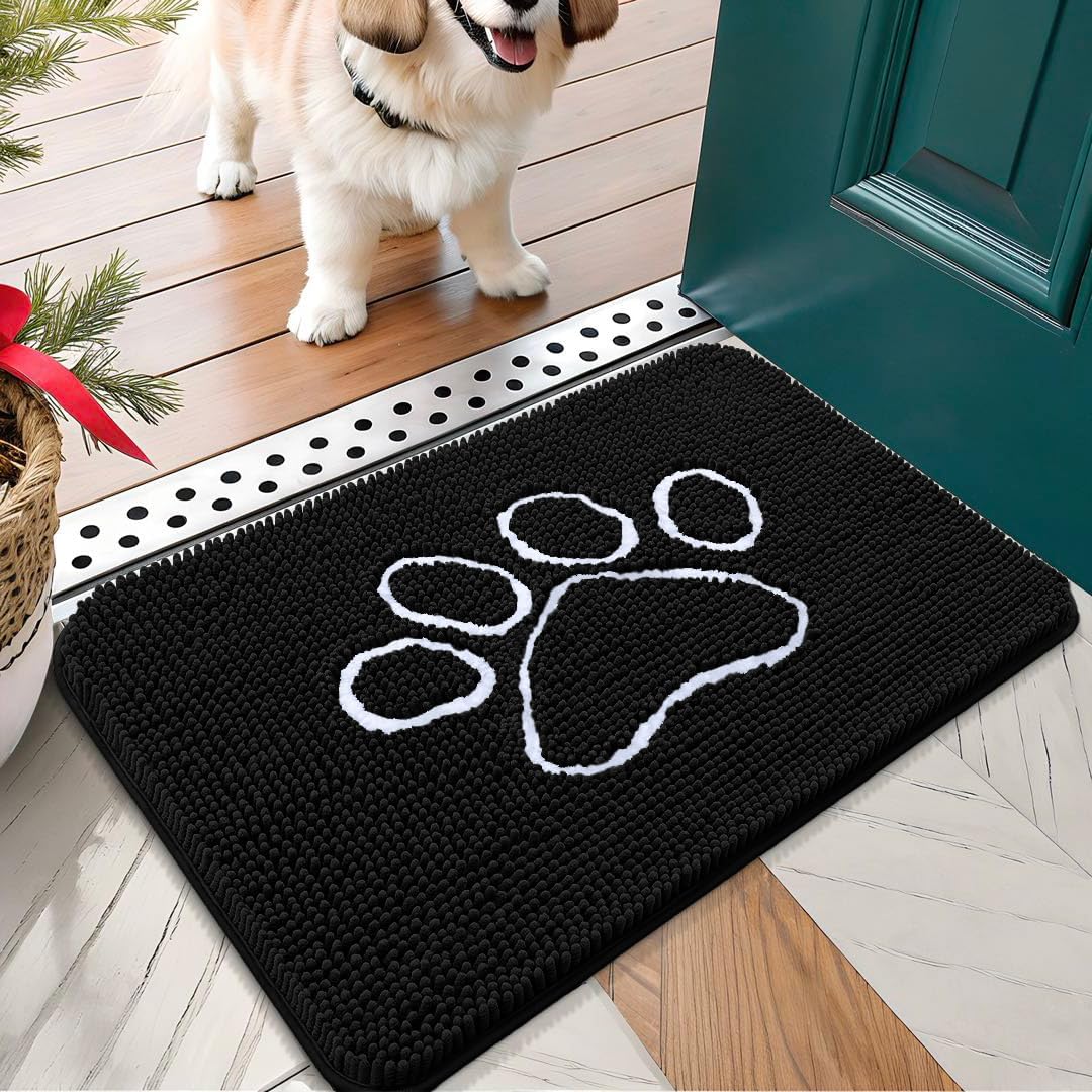 OLANLY Door Mat for Muddy Dog Paws 24x16, Ultra Absorbent Chenille Mud Doormat with Paw Print
