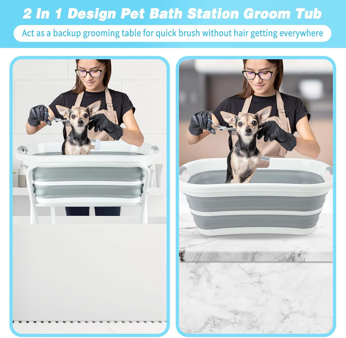FHTONGE Elevated Dog Bathtub Grooming Station with Drain Adjustable Collar, 2 in 1 Collapsible Dogs