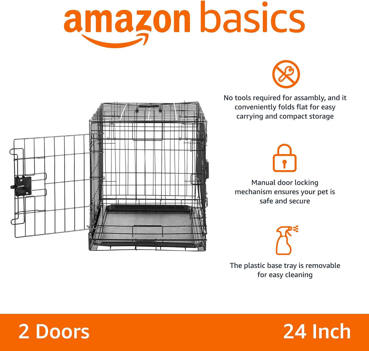 Amazon Basics Durable,Foldable Metal Wire Dog Crate with Tray, Double Door, Divider, 24 x 18 x 20