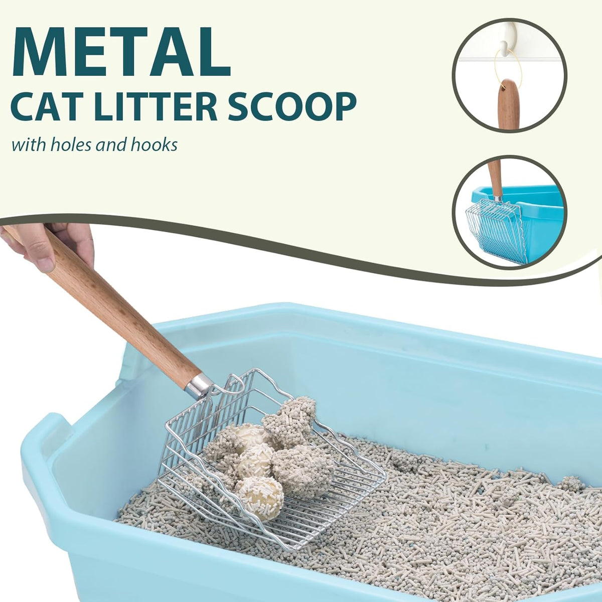 Cat Litter Scoop, Kitty Metal Scooper with Hook and Long Hole, Stainless Steel Kitten Poop Lifter