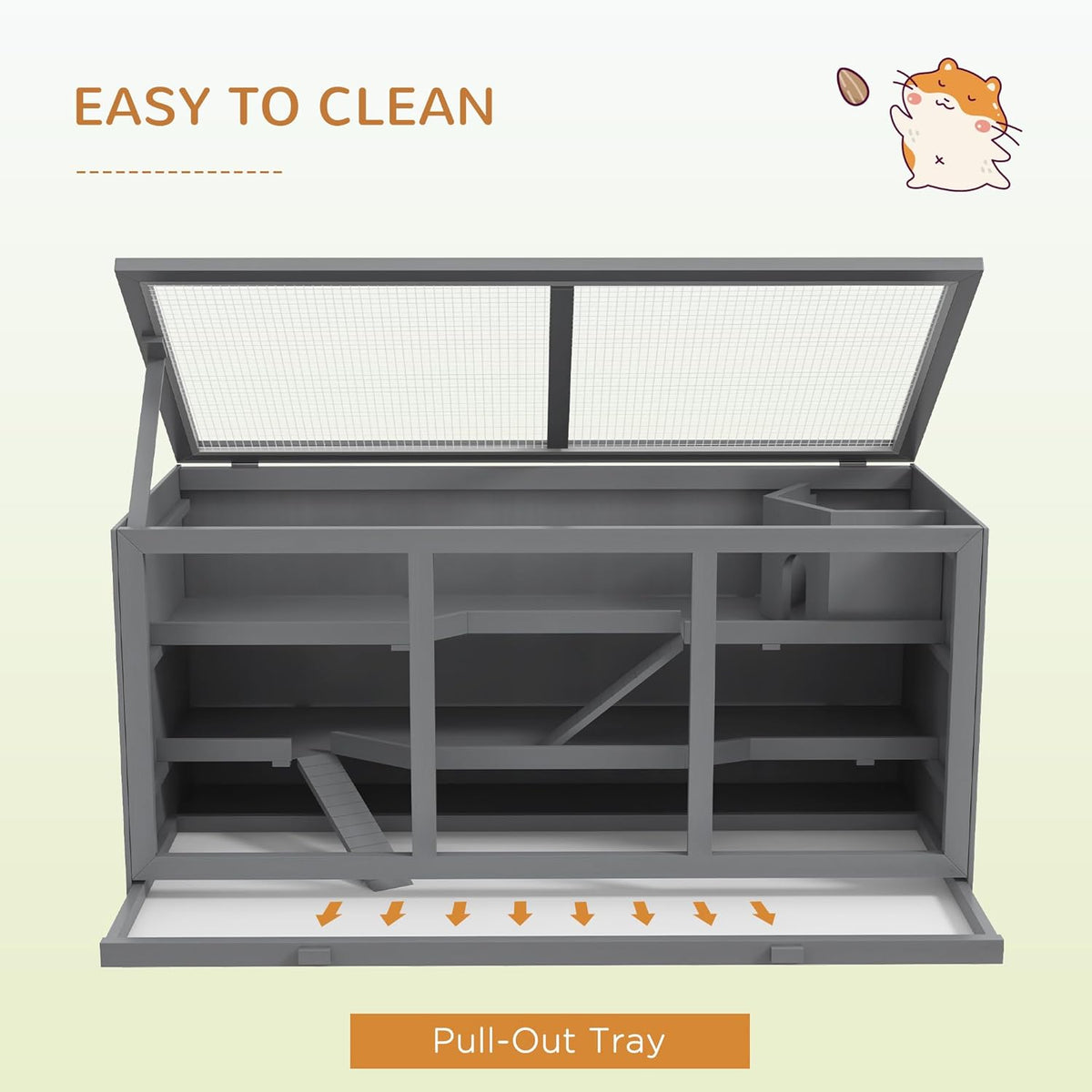 PawHut 45" Extra Large Wooden Hamster Cage, 3-Layer Chewproof Rat Cage with Opening Roof, Hut
