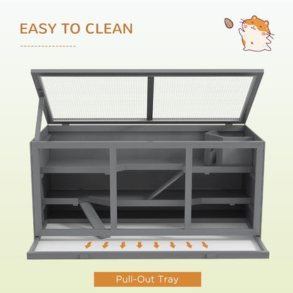 PawHut 45" Extra Large Wooden Hamster Cage, 3-Layer Chewproof Rat Cage with Opening Roof, Hut