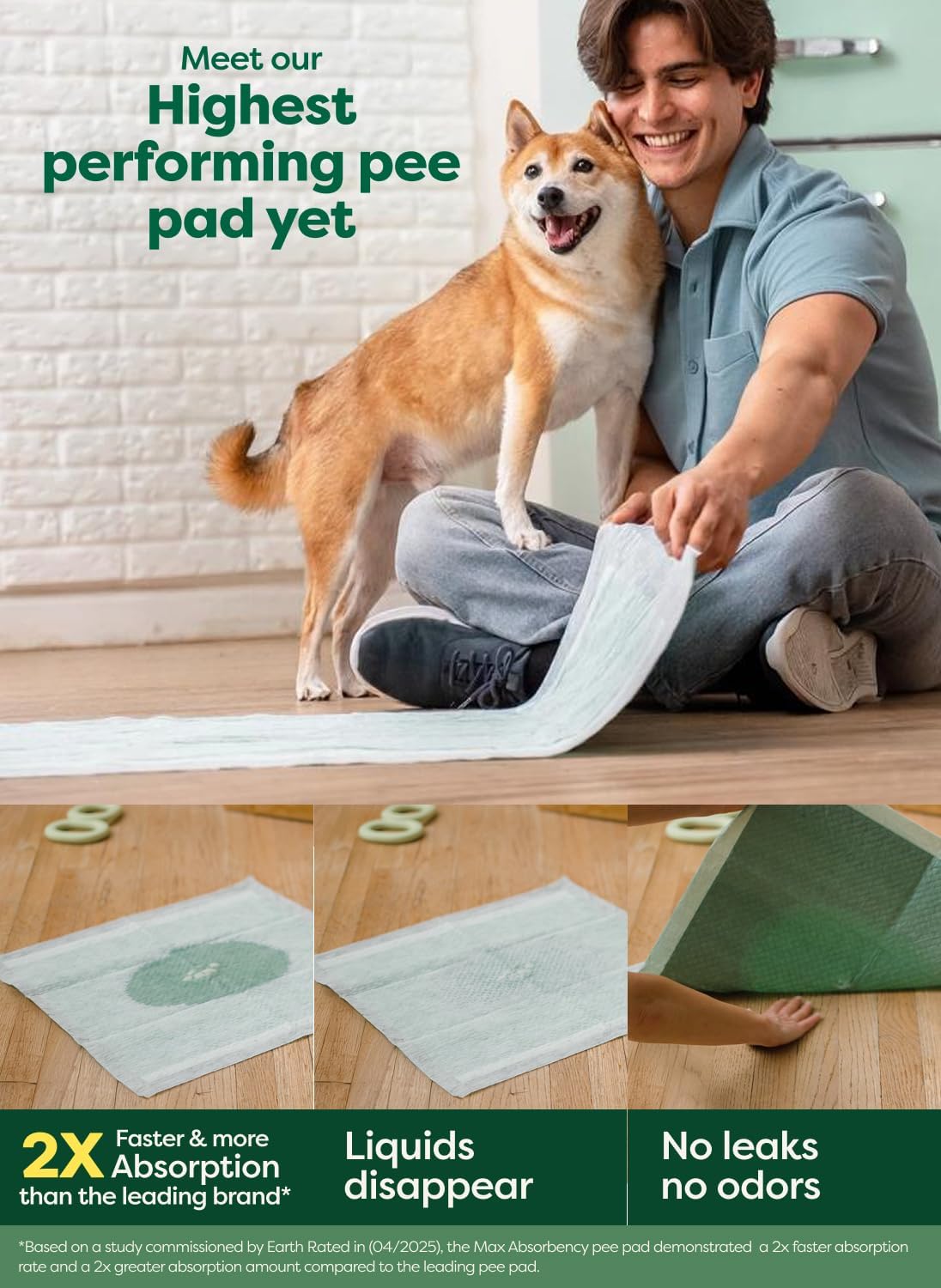 Earth Rated Max Absorbency Puppy Pee Pads for Dogs Absorbs 2X Faster & 2X More, Leak-Proof