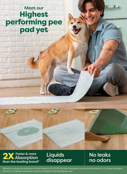 Earth Rated Max Absorbency Puppy Pee Pads for Dogs Absorbs 2X Faster & 2X More, Leak-Proof
