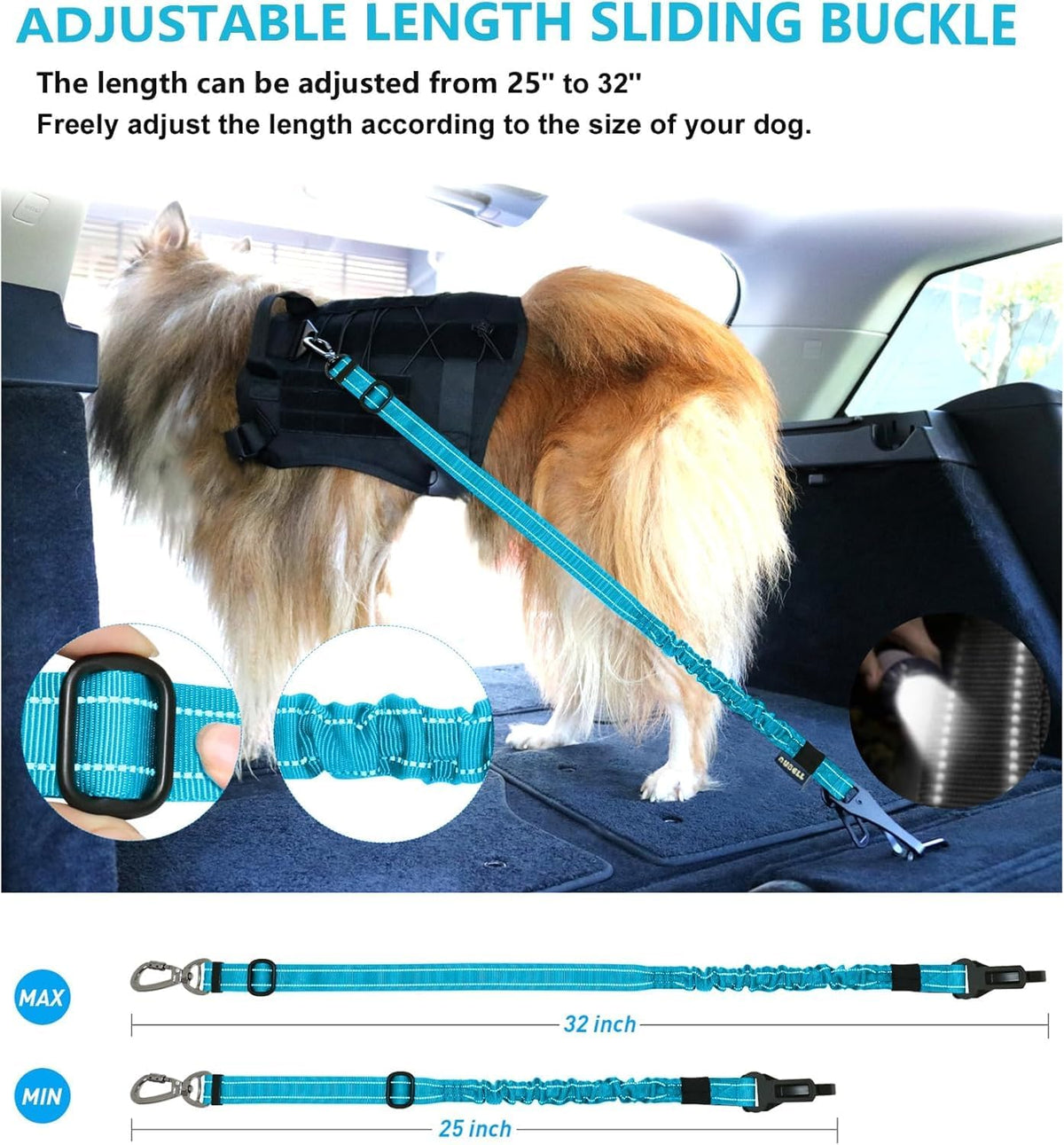 AUBELL Dog Seat Belt for Car,2 Pack Set 3-in-1 Adjustable Reflective Bungee Heavy Duty Dog Car