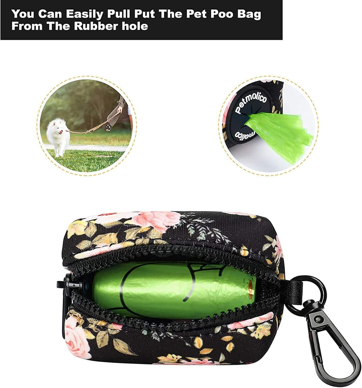 Petmolico Dog Poop Bag Holder Leash Attachment, Waste Bag Dispenser Zippered Pouch, Fits Any Leash