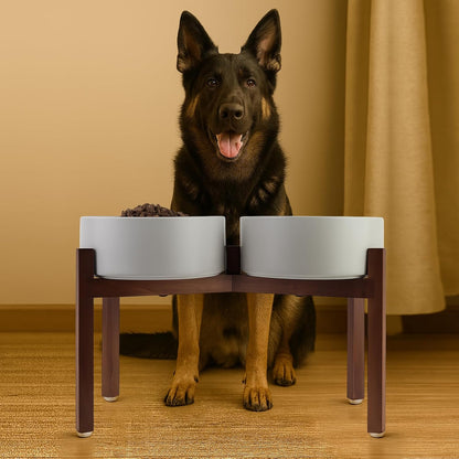 SPUNKYJUNKY Raised Ceramic Dog Bowls Set with Non-Slip Acacia Wood Stand for Large Sized Dog(60.87