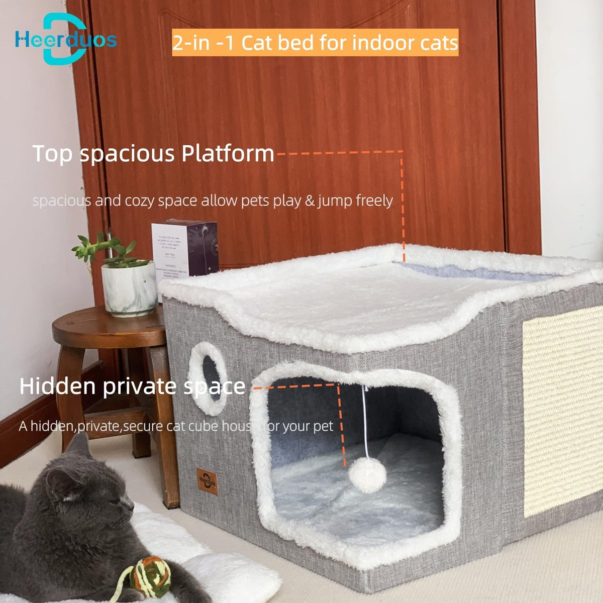 Cat Bed for Indoor Cats,Covered Cat Cave House & Furniture with Scratch Pad,Foldable Cat Hideaway