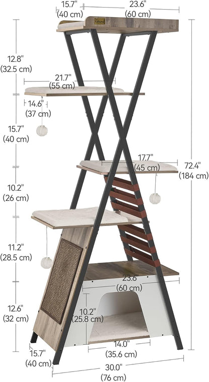 FourFurPets 72.4" Cat Tree, Modern Cat Tower for Indoor Cats, Multi-Level Cat Condo with Caves