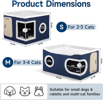 Cat Beds for Indoor Cats, Extra Wide Cat Cube House for Multi Cats, Foldable Cat Cave Hideaway with